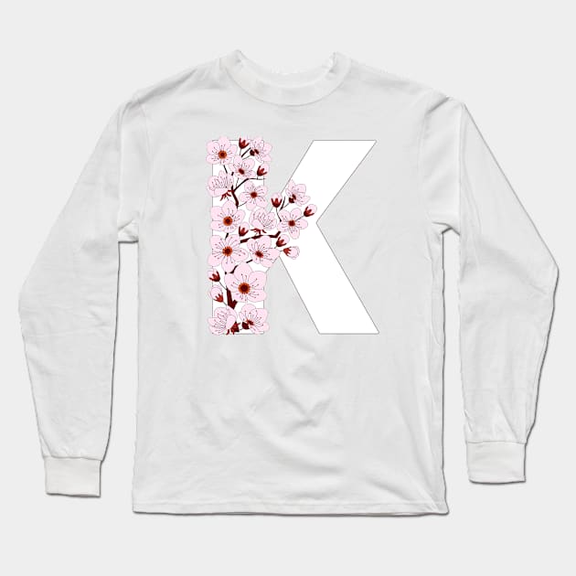 Colorful capital letter K patterned with sakura twig Long Sleeve T-Shirt by Alina